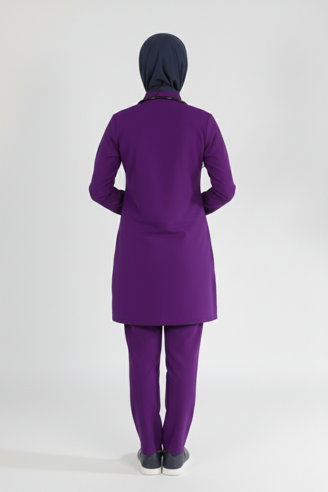 Mor Likralı Tesettür Scrubs Doktor Hemşire Forması Takım