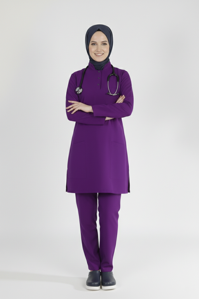 Mor Likralı Tesettür Scrubs Doktor Hemşire Forması Takım