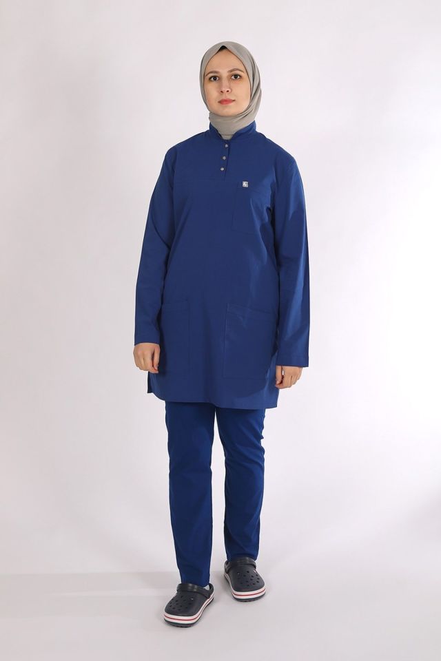 Saks Mavi Likralı Tesettür Scrubs Doktor Hemşire Forması Takım