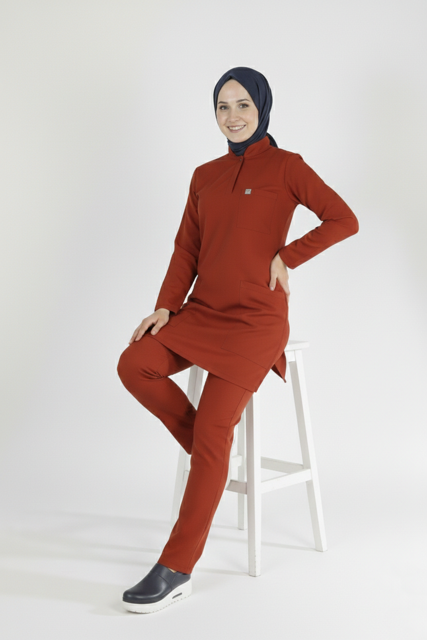 Kiremit Likralı Tesettür Scrubs Doktor Hemşire Forması Takım