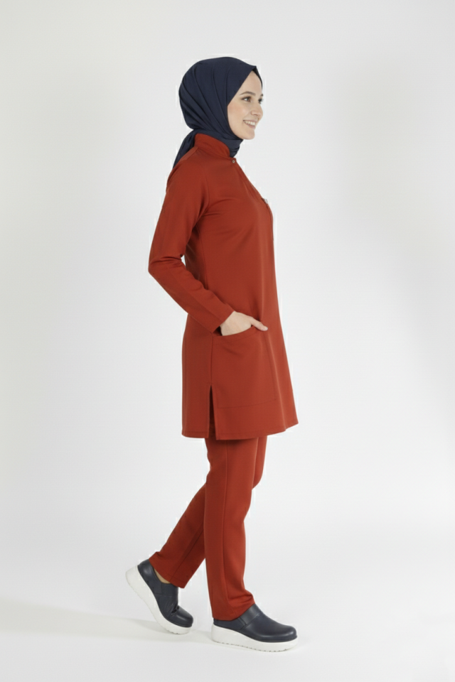 Kiremit Likralı Tesettür Scrubs Doktor Hemşire Forması Takım