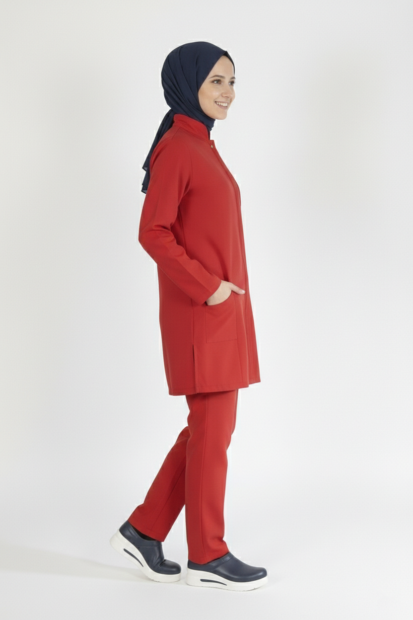 Kırmızı Likralı Tesettür Scrubs Doktor Hemşire Forması Takım