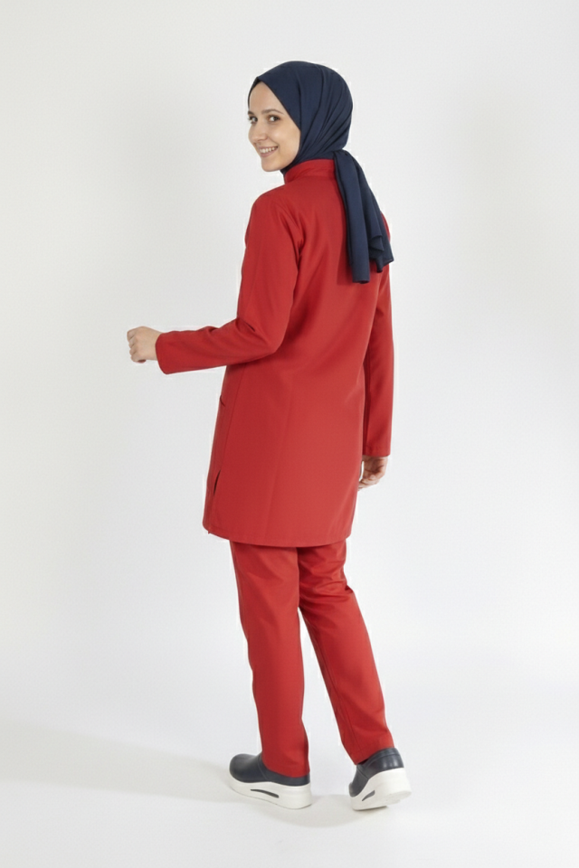 Kırmızı Likralı Tesettür Scrubs Doktor Hemşire Forması Takım