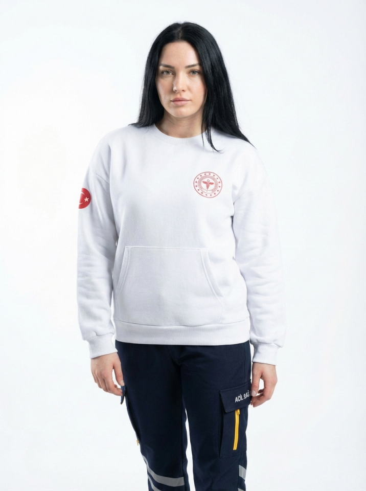 112 Acil Sağlık Sweatshirt Üç İplik Şardonlu Kanguru Cep Beyaz Unisex