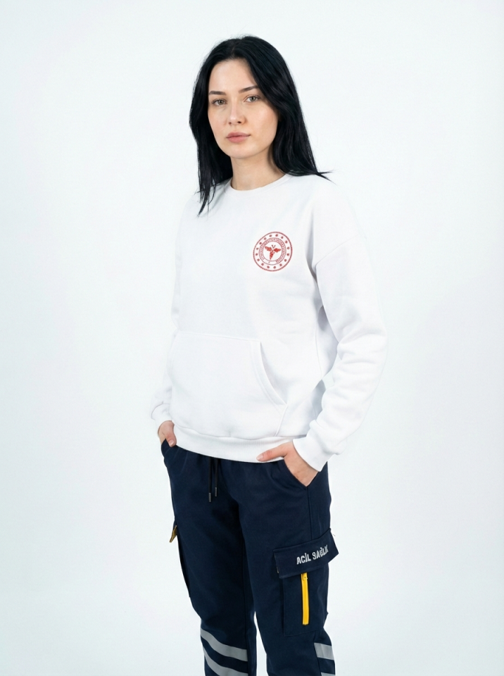 112 Acil Sağlık Sweatshirt Üç İplik Şardonlu Kanguru Cep Beyaz Unisex