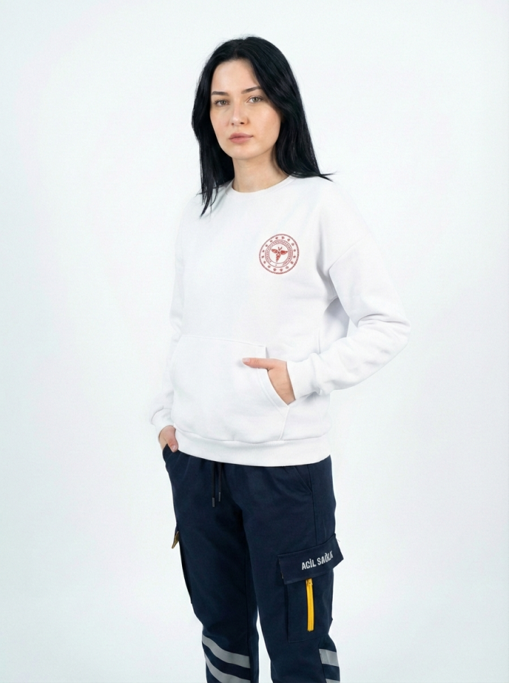 112 Acil Sağlık Sweatshirt Üç İplik Şardonlu Kanguru Cep Beyaz Unisex