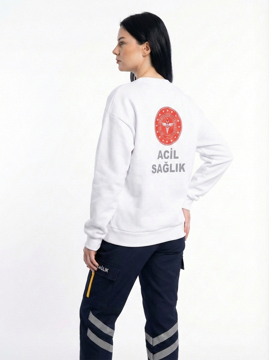 112 Acil Sağlık Sweatshirt Üç İplik Şardonlu Kanguru Cep Beyaz Unisex