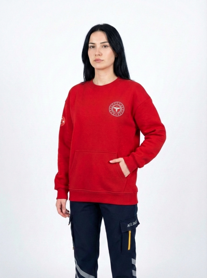 112 Acil Sağlık Sweatshirt Üç İplik Şardonlu Kanguru Cep Kırmızı Unisex