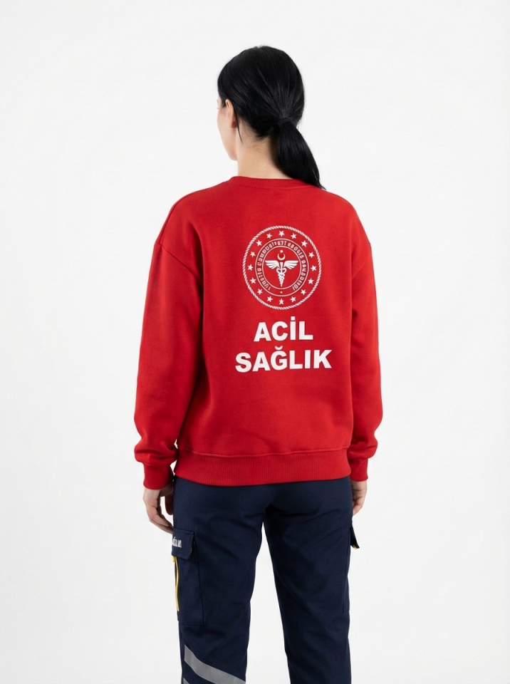 112 Acil Sağlık Sweatshirt Üç İplik Şardonlu Kanguru Cep Kırmızı Unisex