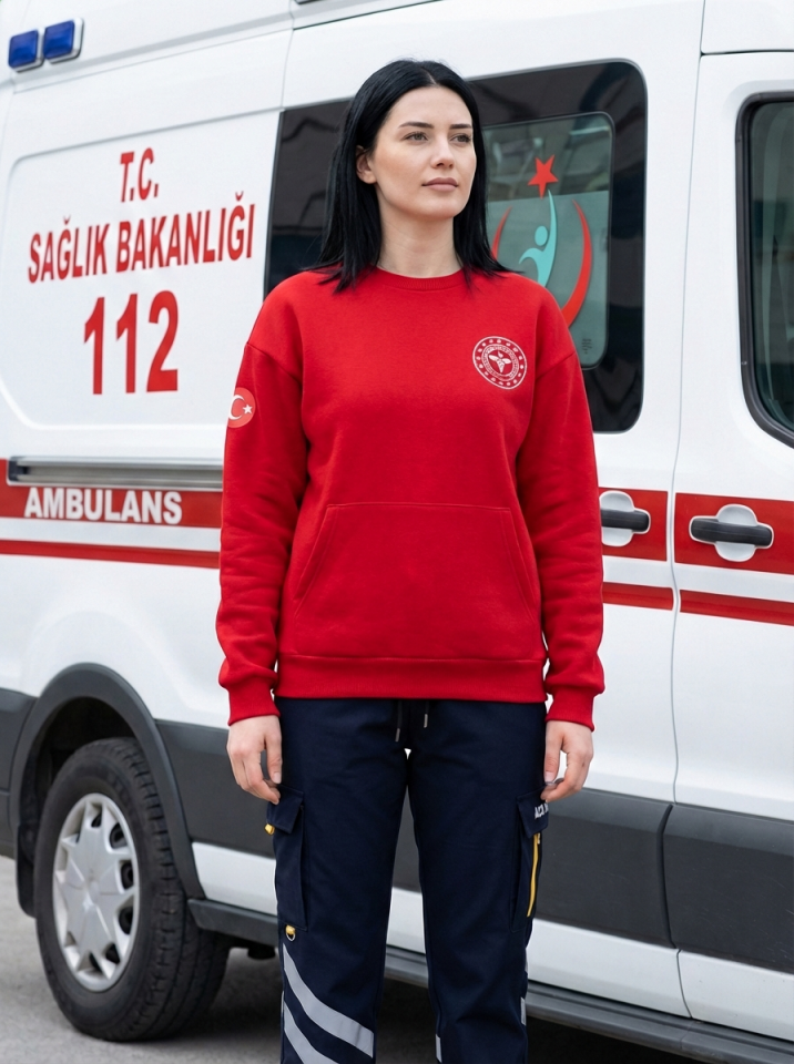 112 Acil Sağlık Sweatshirt Üç İplik Şardonlu Kanguru Cep Kırmızı Unisex