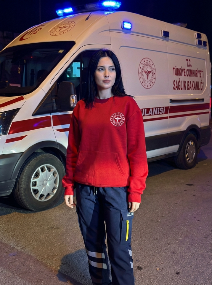 112 Acil Sağlık Sweatshirt Üç İplik Şardonlu Kanguru Cep Kırmızı Unisex
