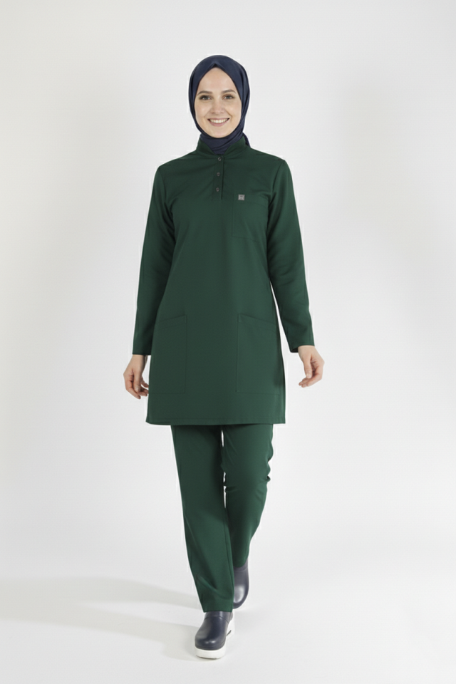 Ördek Yeşil Likralı Tesettür Scrubs Doktor Hemşire Forması Takım