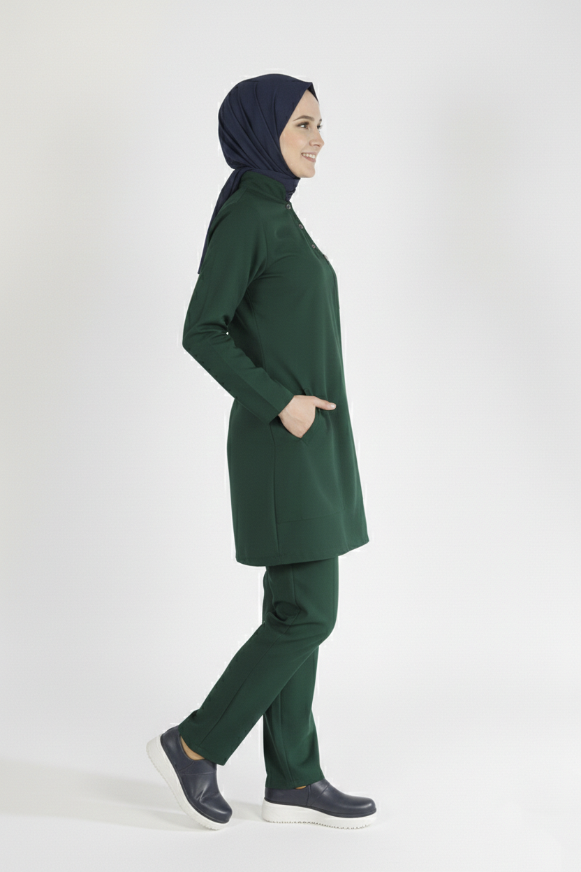 Ördek Yeşil Likralı Tesettür Scrubs Doktor Hemşire Forması Takım