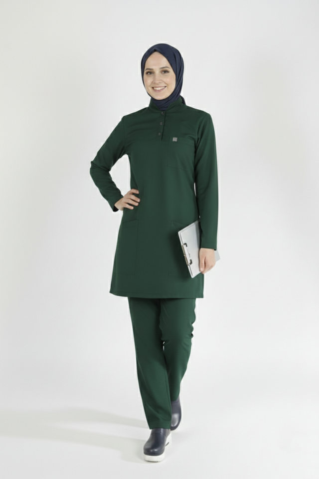 Ördek Yeşil Likralı Tesettür Scrubs Doktor Hemşire Forması Takım