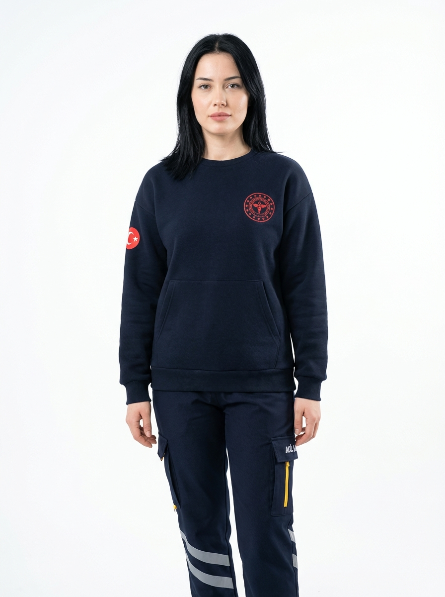 112 Acil Sağlık Sweatshirt Üç İplik Şardonlu Kanguru Cep Lacivert Unisex