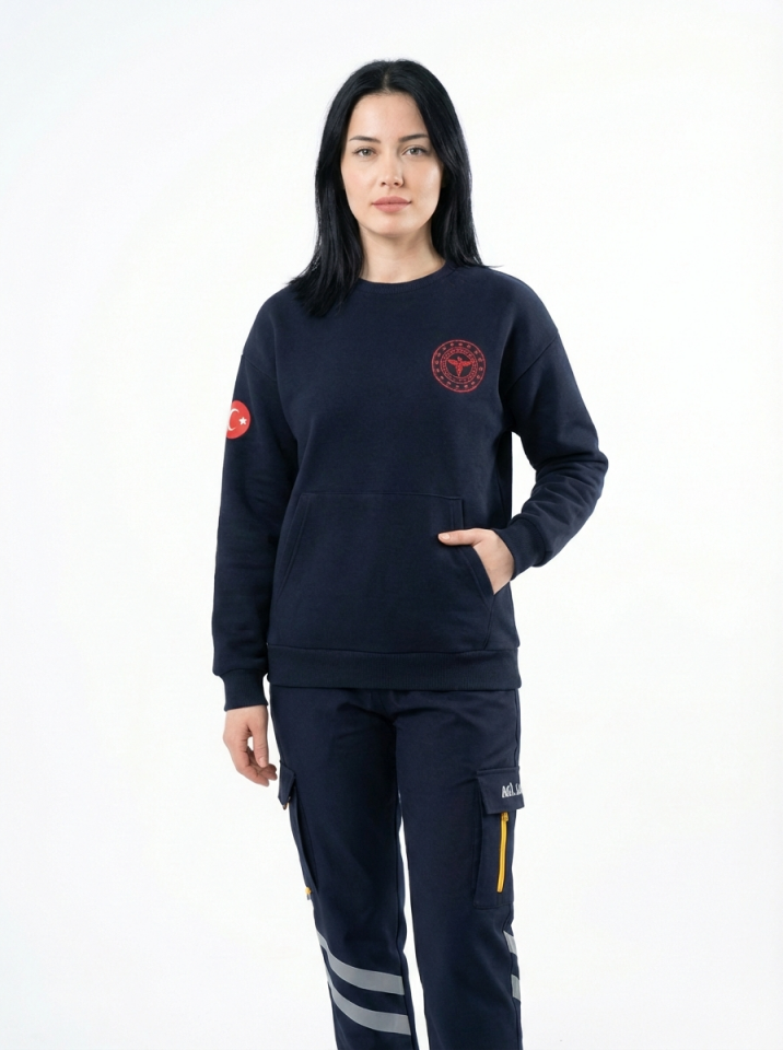 112 Acil Sağlık Sweatshirt Üç İplik Şardonlu Kanguru Cep Lacivert Unisex