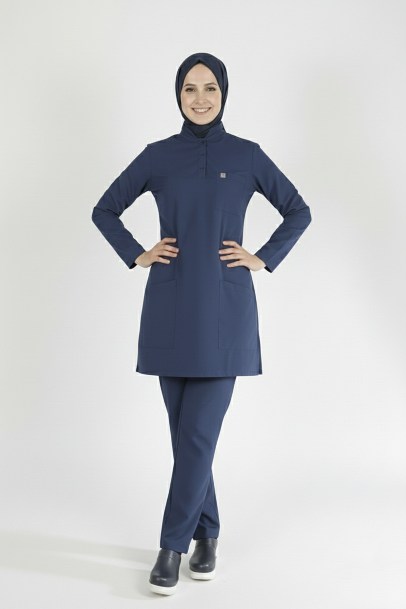 Fırtına Mavi Likralı Tesettür Scrubs Doktor Hemşire Forması Takım
