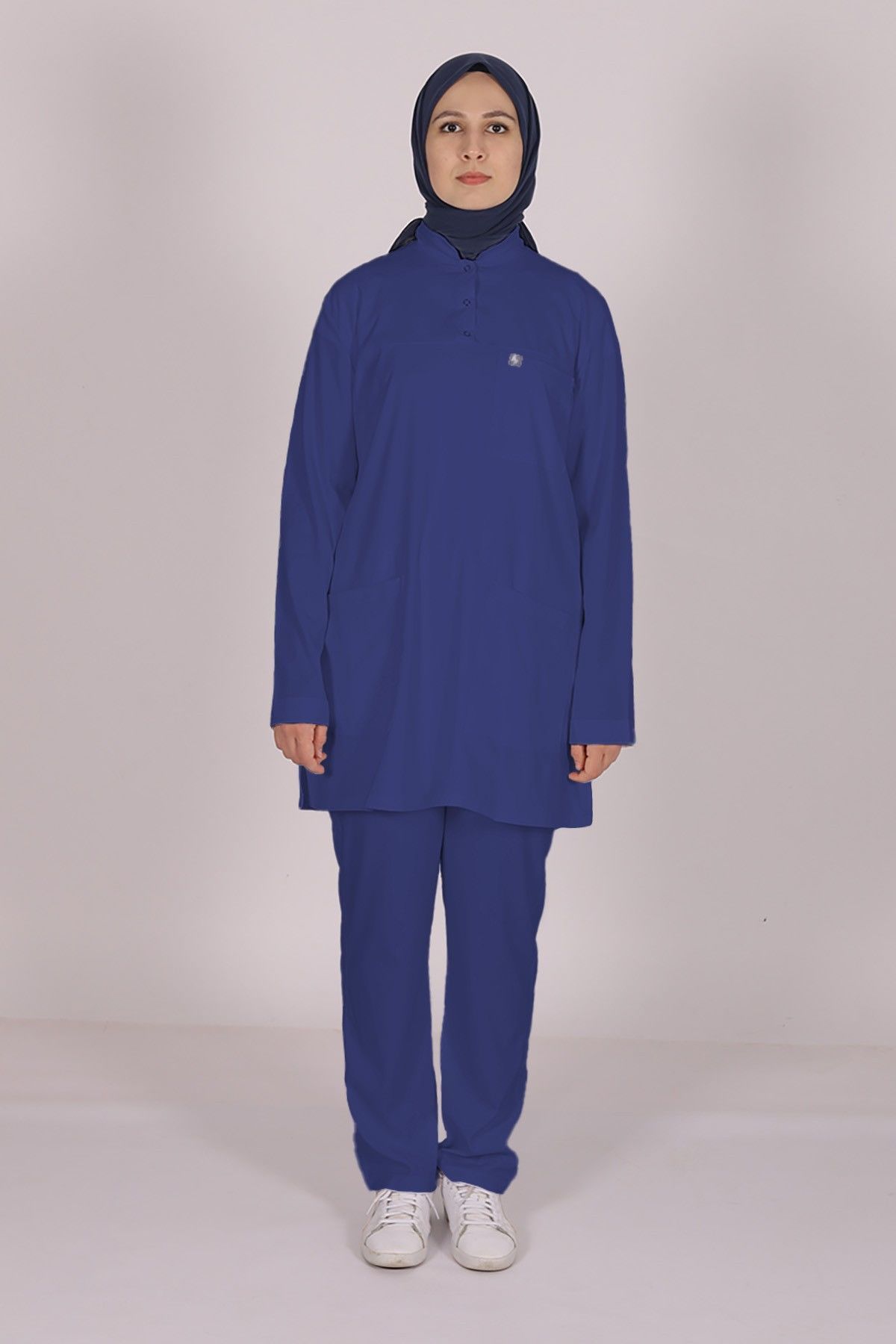 Fırtına Mavi Likralı Tesettür Scrubs Doktor Hemşire Forması Takım