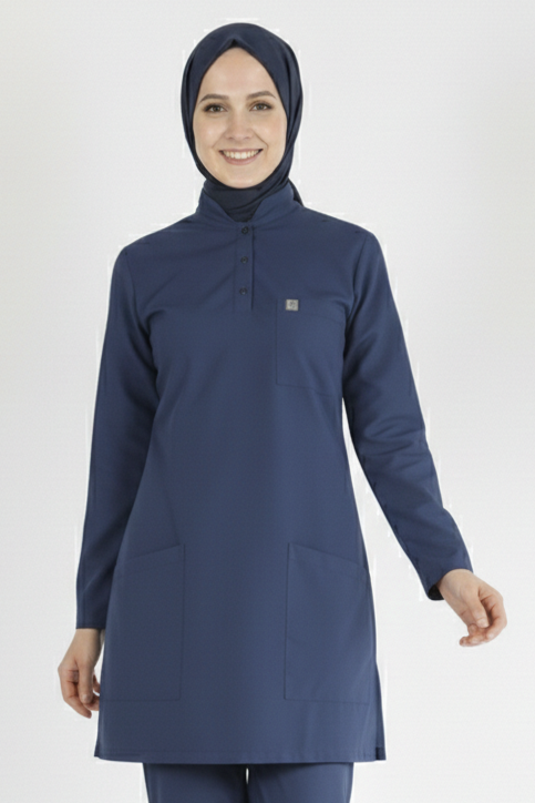 Fırtına Mavi Likralı Tesettür Scrubs Doktor Hemşire Forması Takım