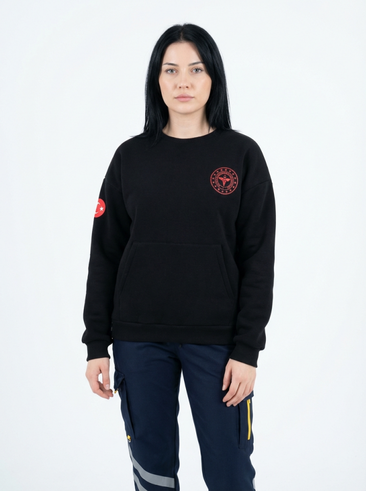 112 Acil Sağlık Sweatshirt Üç İplik Şardonlu Kanguru Cep Siyah Unisex