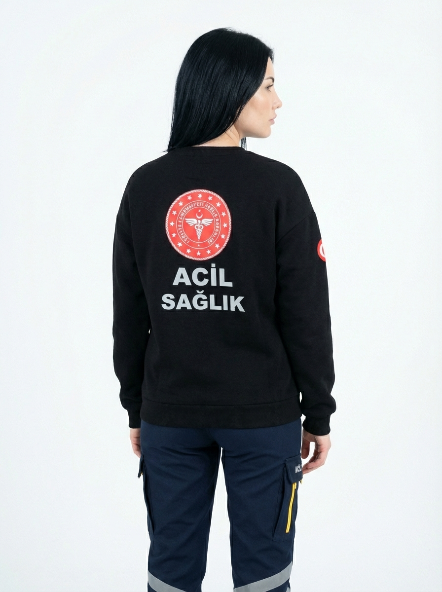 112 Acil Sağlık Sweatshirt Üç İplik Şardonlu Kanguru Cep Siyah Unisex