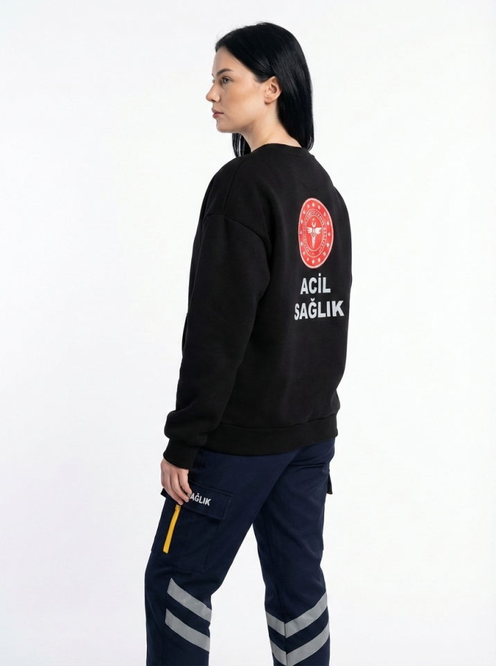 112 Acil Sağlık Sweatshirt Üç İplik Şardonlu Kanguru Cep Siyah Unisex