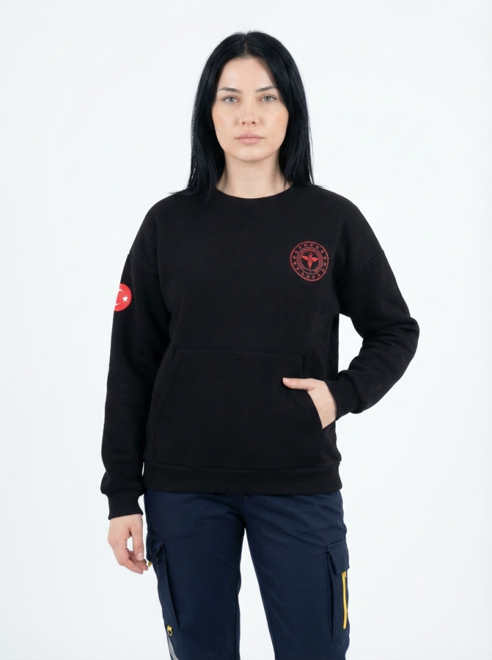 112 Acil Sağlık Sweatshirt Üç İplik Şardonlu Kanguru Cep Siyah Unisex