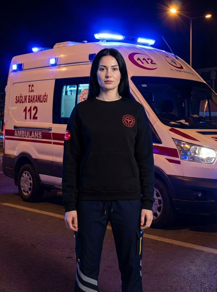 112 Acil Sağlık Sweatshirt Üç İplik Şardonlu Kanguru Cep Siyah Unisex