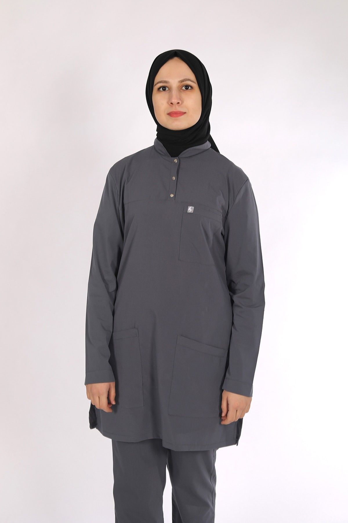 Füme Likralı Tesettür Scrubs Doktor Hemşire Forması Tek Üst