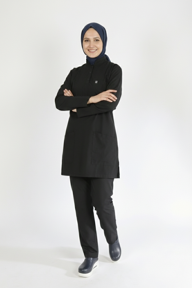 Siyah Likralı Tesettür Scrubs Doktor Hemşire Forması Tek Üst