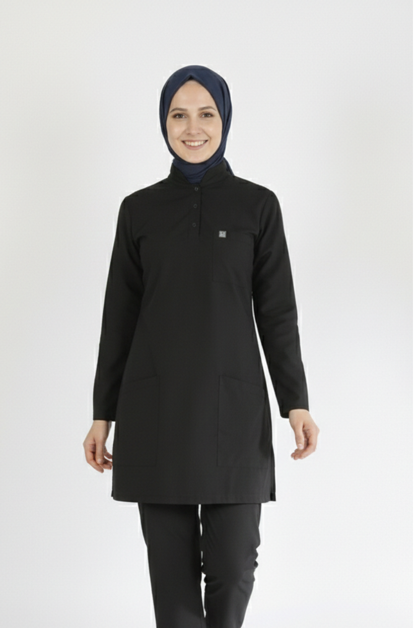 Siyah Likralı Tesettür Scrubs Doktor Hemşire Forması Tek Üst