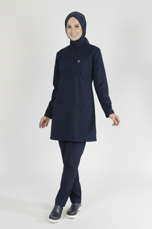 Lacivert Likralı Tesettür Scrubs Doktor Hemşire Forması Tek Üst S