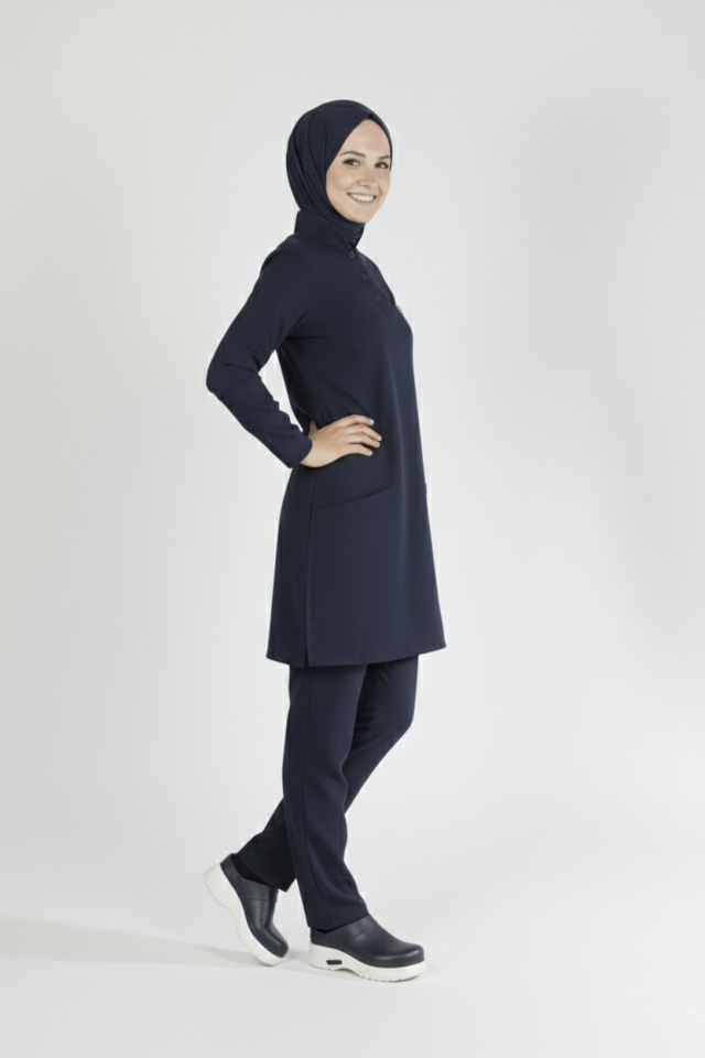 Lacivert Likralı Tesettür Scrubs Doktor Hemşire Forması Tek Üst S