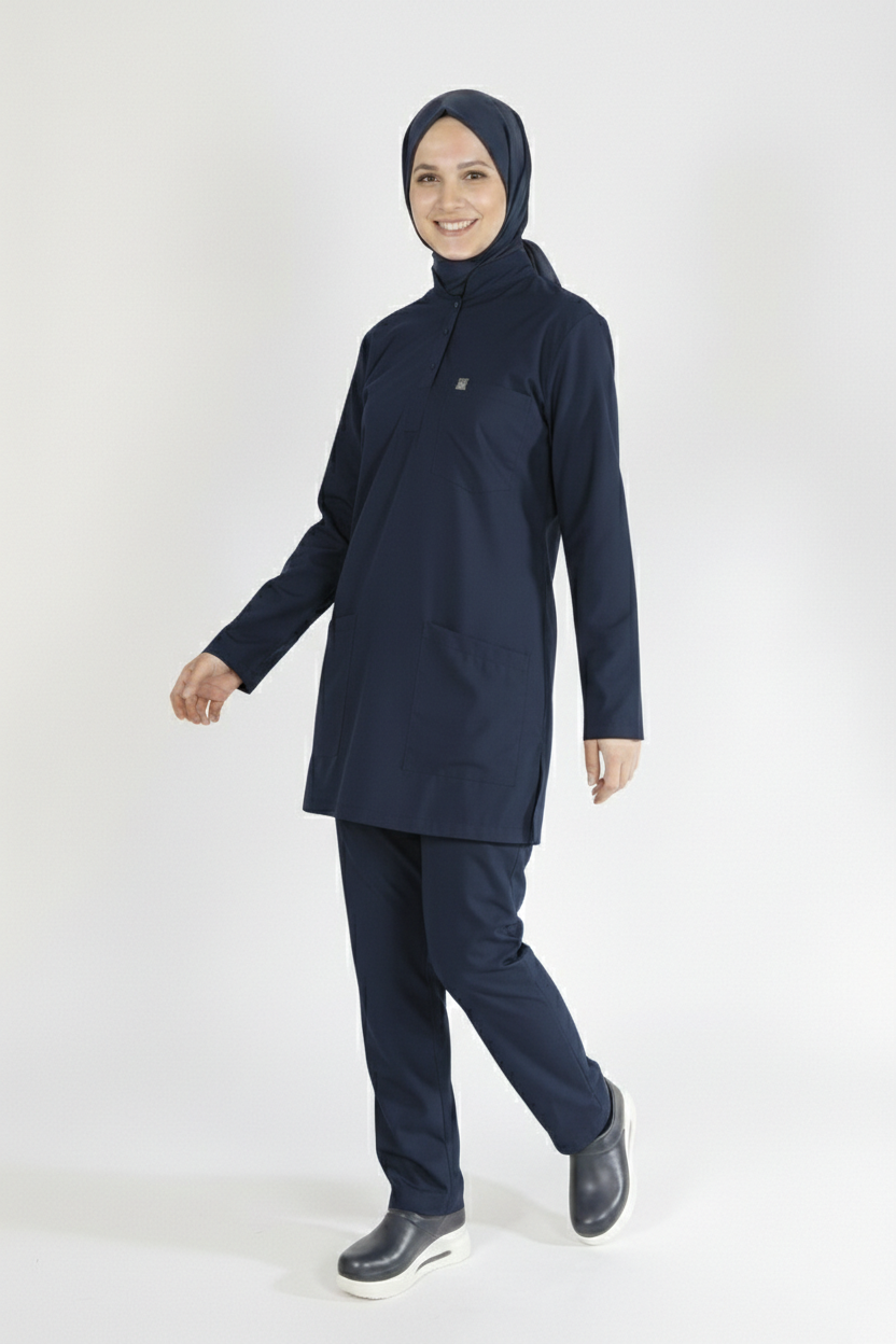 Lacivert Likralı Tesettür Scrubs Doktor Hemşire Forması Tek Üst
