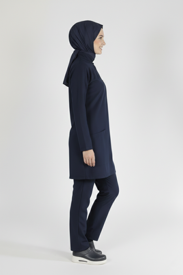 Lacivert Likralı Tesettür Scrubs Doktor Hemşire Forması Tek Üst S
