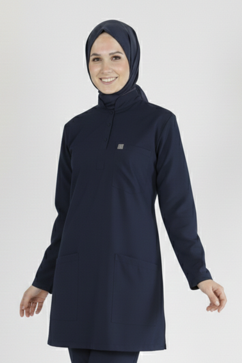 Lacivert Likralı Tesettür Scrubs Doktor Hemşire Forması Tek Üst