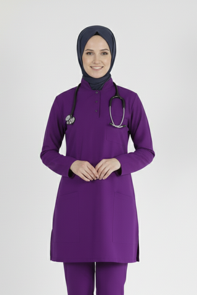Mor Likralı Tesettür Scrubs Doktor Hemşire Forması Tek Üst