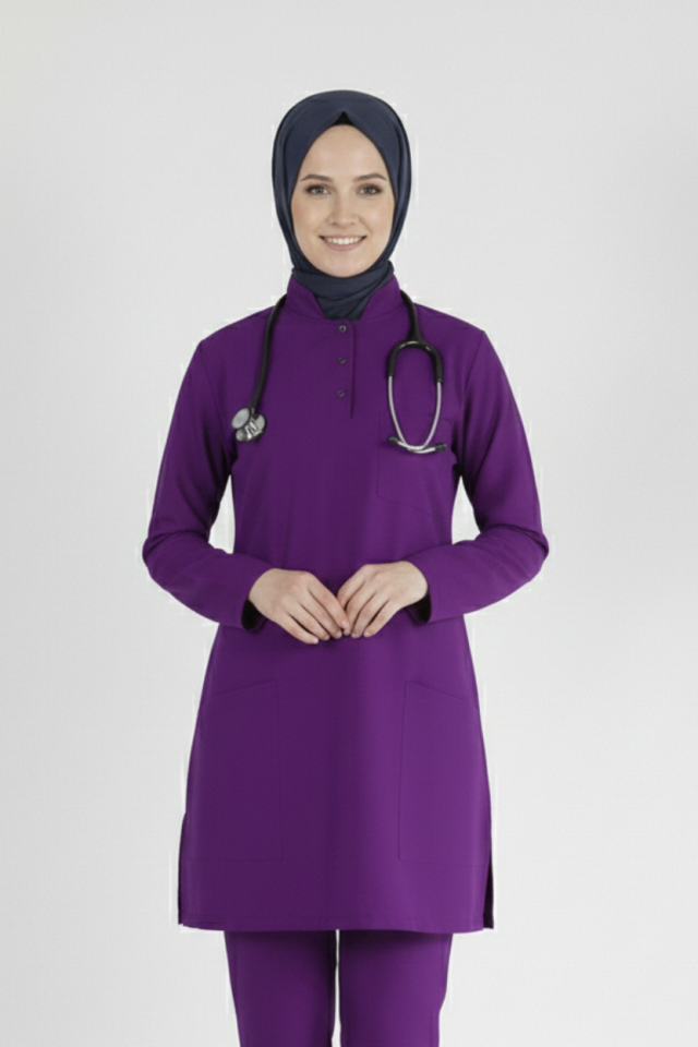 Mor Likralı Tesettür Scrubs Doktor Hemşire Forması Tek Üst