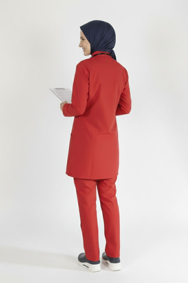 Kırmızı Likralı Tesettür Scrubs Doktor Hemşire Forması Tek Üst