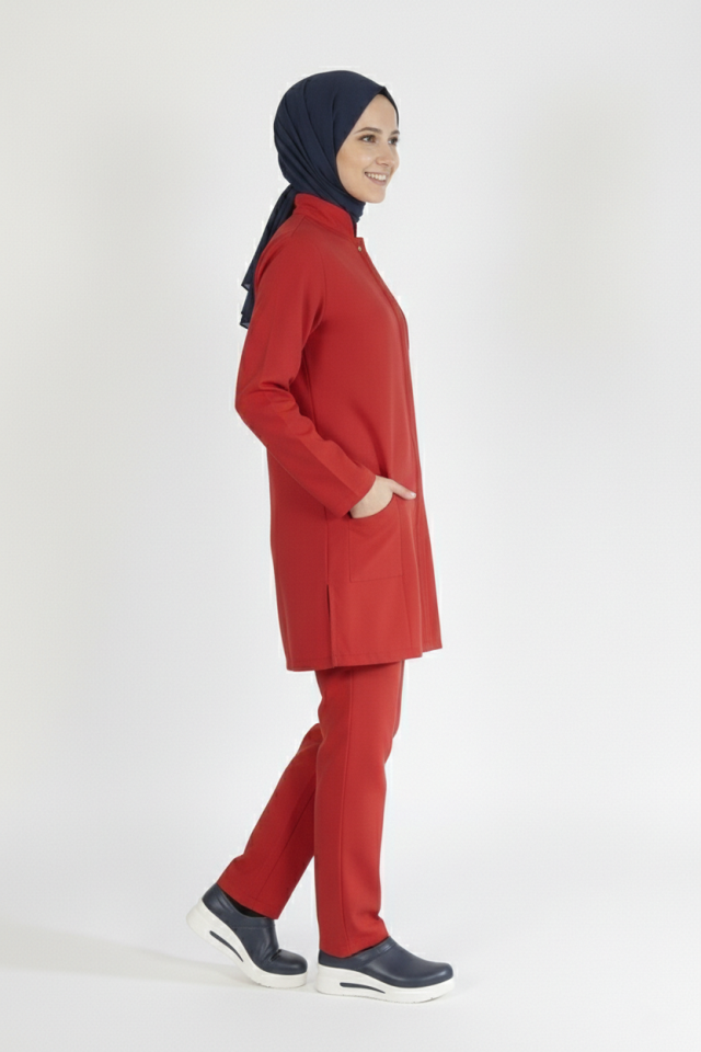 Kırmızı Likralı Tesettür Scrubs Doktor Hemşire Forması Tek Üst XS