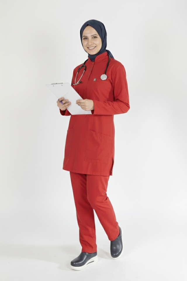 Kırmızı Likralı Tesettür Scrubs Doktor Hemşire Forması Tek Üst XS