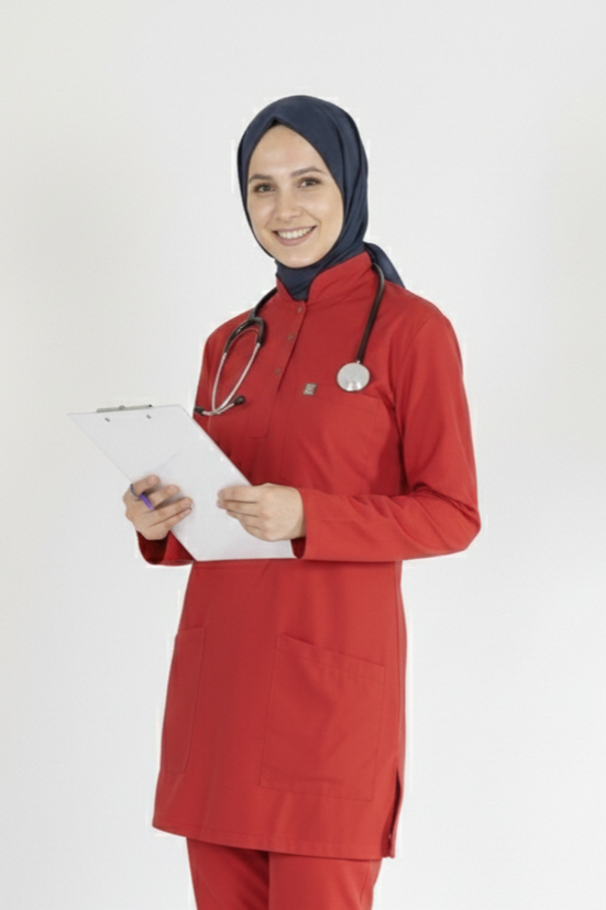 Kırmızı Likralı Tesettür Scrubs Doktor Hemşire Forması Tek Üst