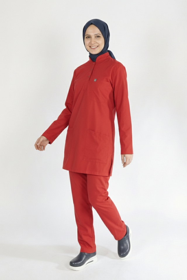 Kırmızı Likralı Tesettür Scrubs Doktor Hemşire Forması Tek Üst XS