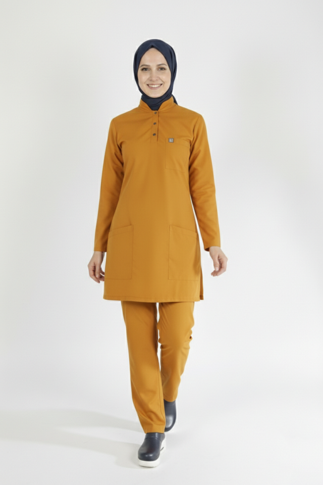 Hardal Likralı Tesettür Scrubs Doktor Hemşire Forması Tek Üst