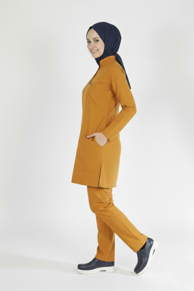 Hardal Likralı Tesettür Scrubs Doktor Hemşire Forması Tek Üst