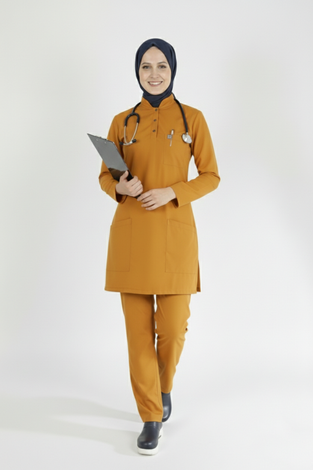 Hardal Likralı Tesettür Scrubs Doktor Hemşire Forması Tek Üst