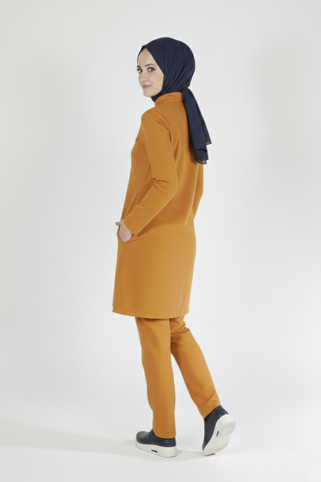 Hardal Likralı Tesettür Scrubs Doktor Hemşire Forması Tek Üst