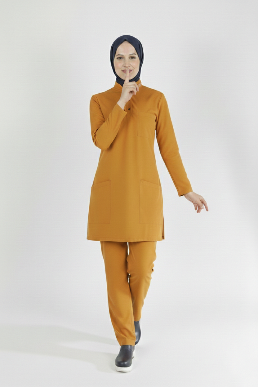 Hardal Likralı Tesettür Scrubs Doktor Hemşire Forması Tek Üst