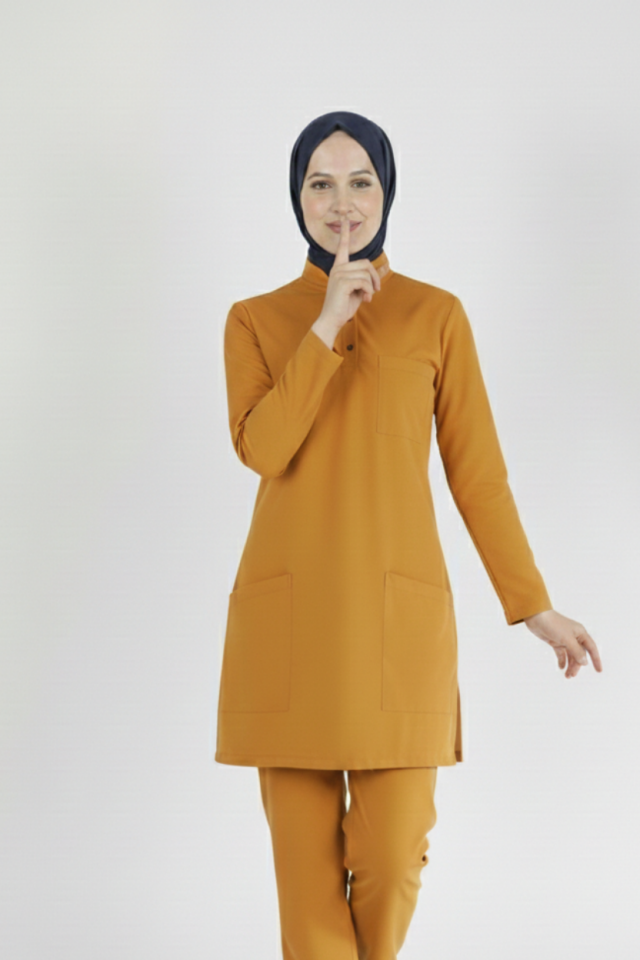 Hardal Likralı Tesettür Scrubs Doktor Hemşire Forması Tek Üst