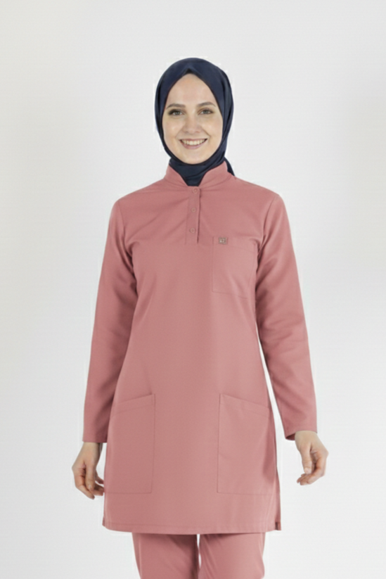 Gül Kurusu Likralı Tesettür Scrubs Doktor Hemşire Forması Tek Üst